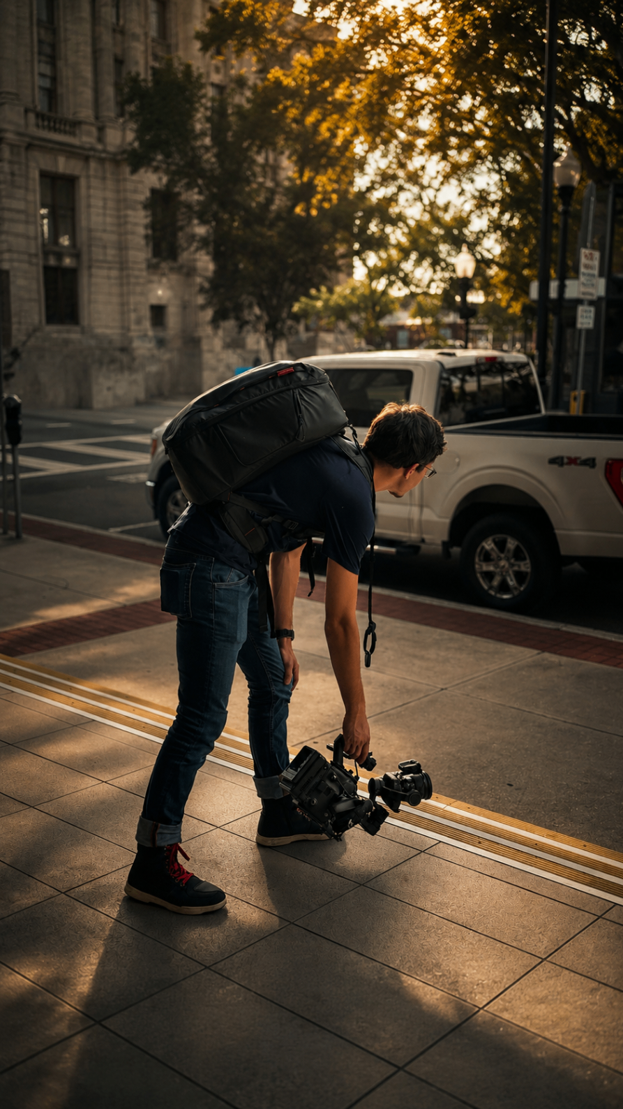 Aidan setting up a cinema camera downtown at golden hour
