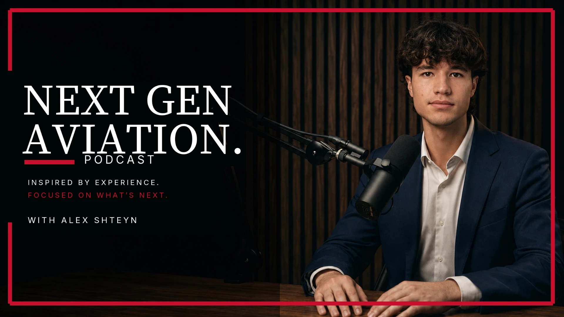 Next Gen Aviation poster featuring Alex Shteyn at the advisor.TV studio microphone.