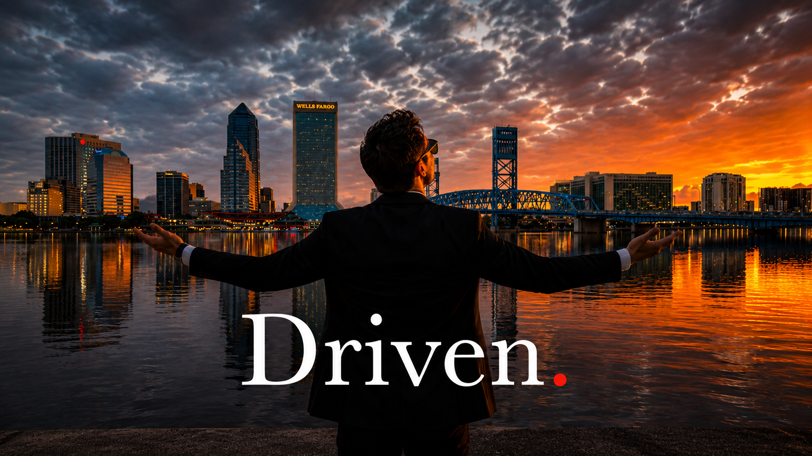 Driven, an advisor.tv original, with the Jacksonville skyline at sunset.