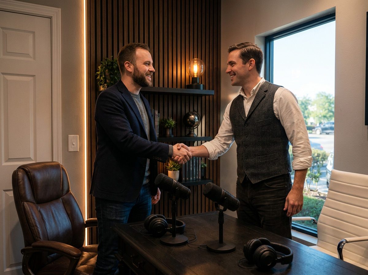A host and a guest shaking hands before a record.