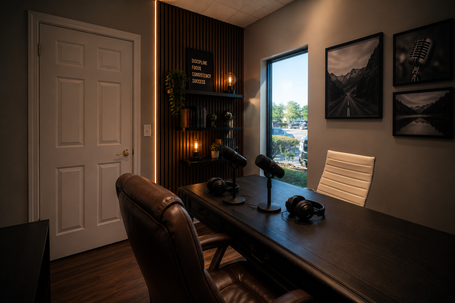 The advisor.tv studio at Accelerate PV in Nocatee: wood paneled wall, two podcast microphones, headphones, and a leather chair.