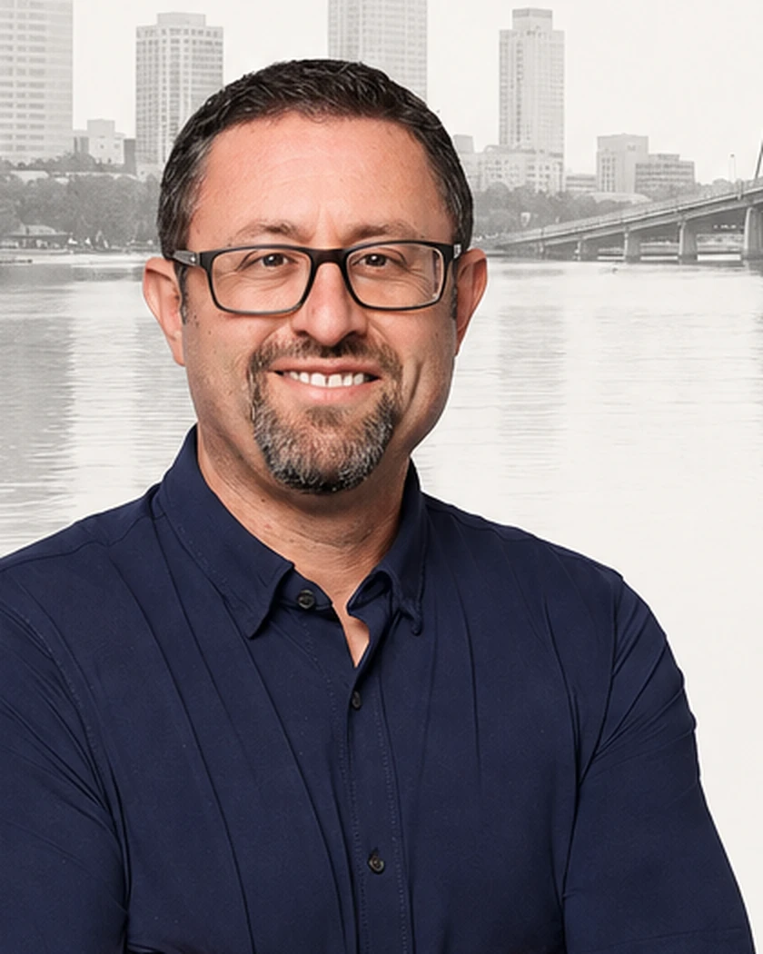 Adam Fridman, host of The Move, with the Jacksonville skyline behind him