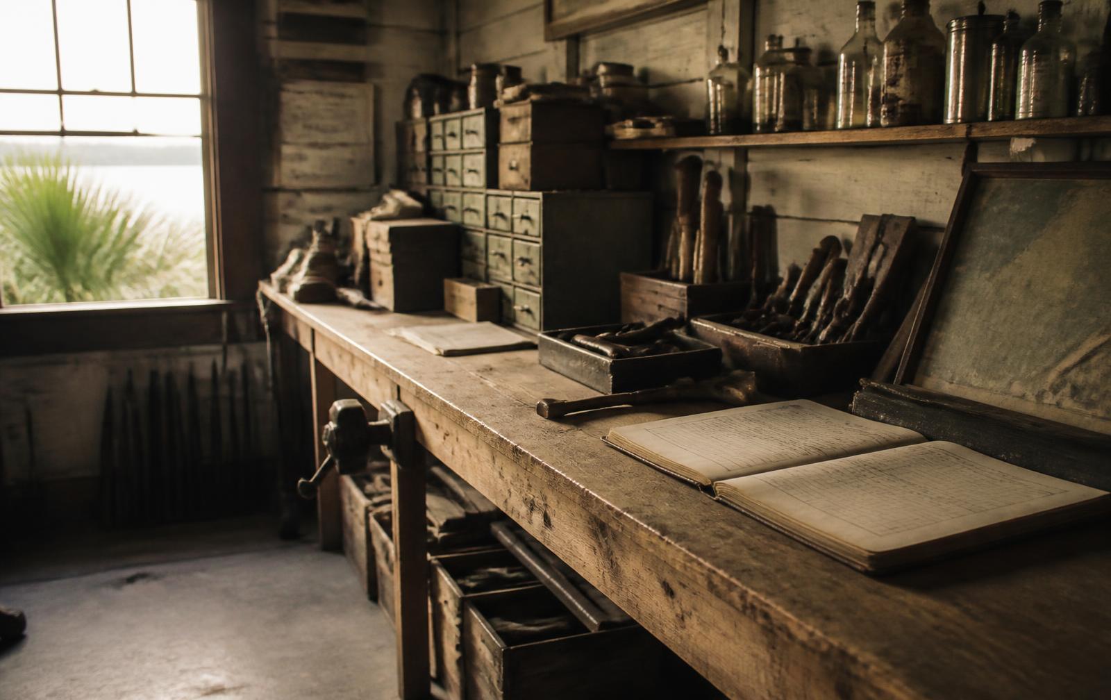 A worn workbench, hand tools and company ledgers inside a long standing Florida workshop.