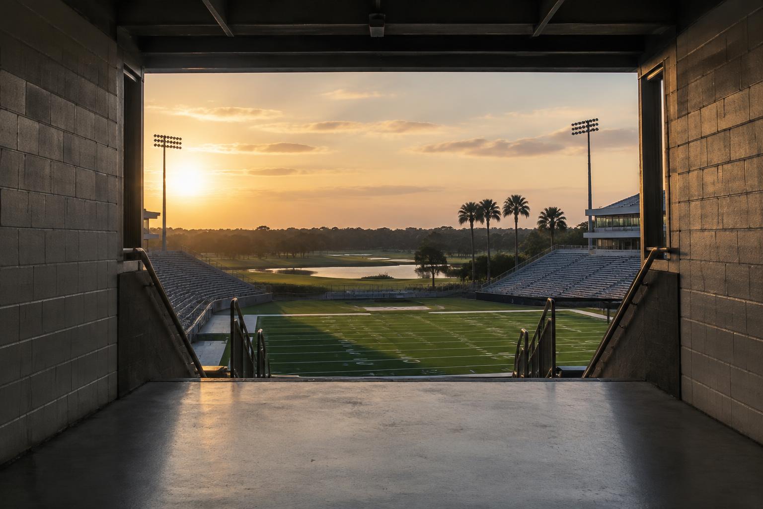 The view from a stadium tunnel onto an empty football field at sunset, palm trees and a golf course beyond the stands.