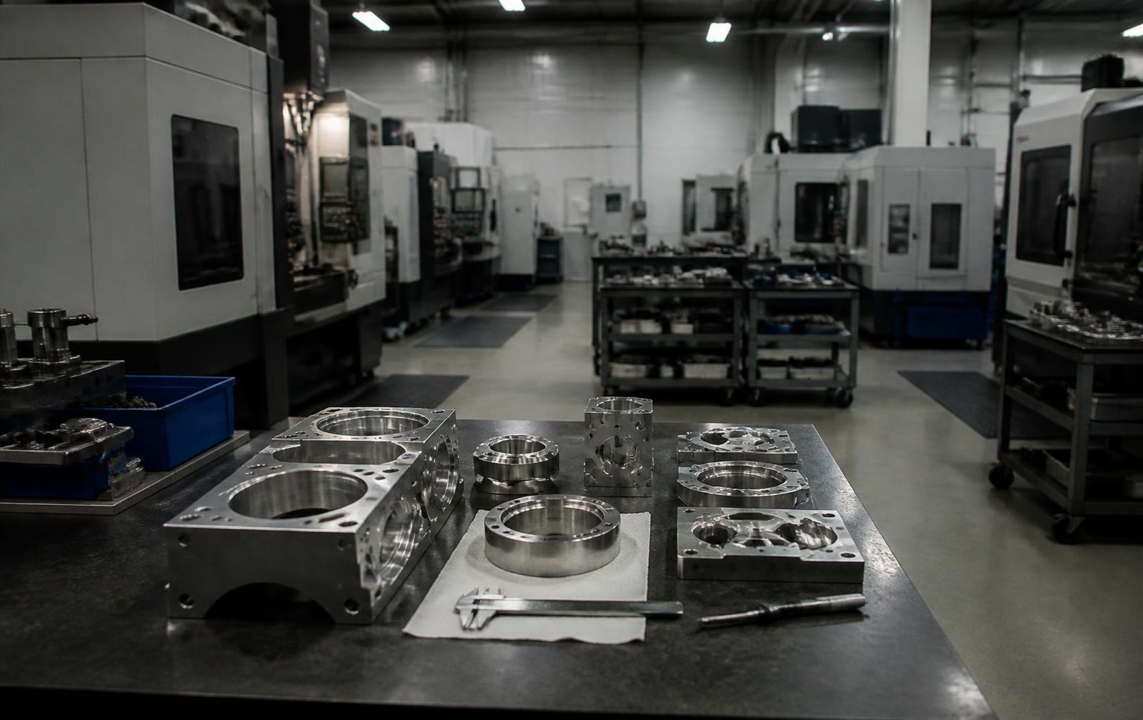 Machined metal components on a bench in front of CNC machines on a modern production floor.