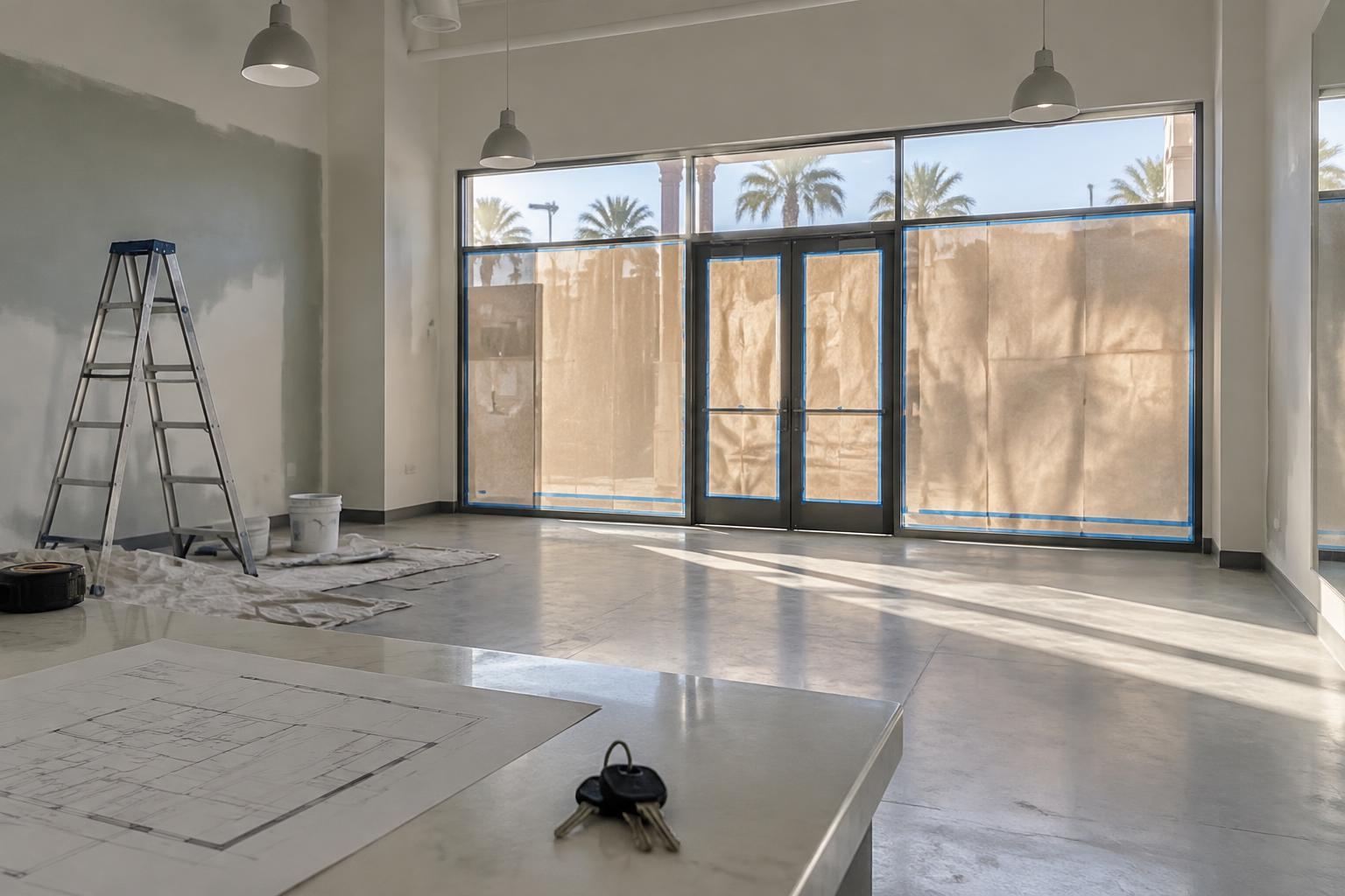 A newly built out storefront with papered windows, a floor plan and keys on the counter, and a ladder against a freshly painted wall.
