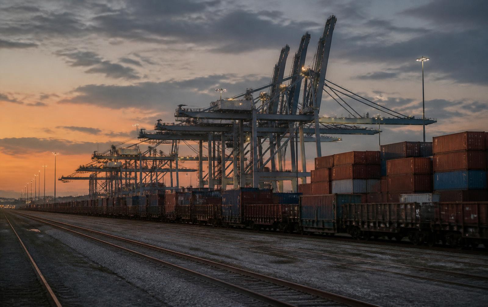 Container cranes, stacked containers and rail lines at a Florida port terminal at dusk.