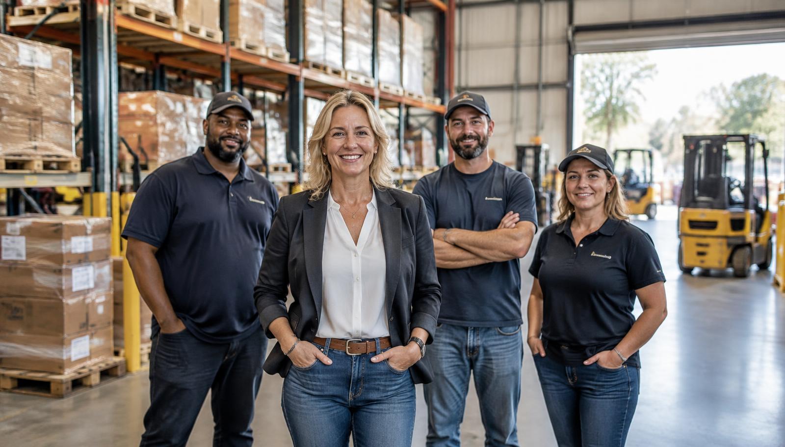 A business owner standing with her team on a warehouse floor.